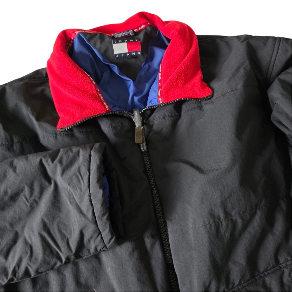 Tommy Hilfiger Mens Tommy Jeans Nylon Puffer Jacket Black Red Collar 2XL